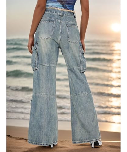 Women's High Waisted Vintage Stretchy Washed Bootcut Wide Leg Jeans Cargo Baggy Straight Denim Pants4