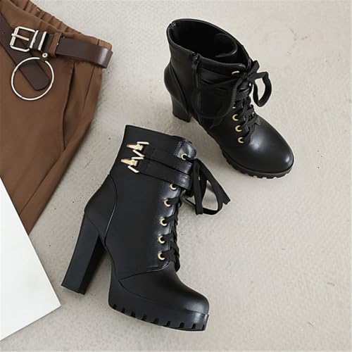Image of FOREADA Goth Boots Chunky Heel Boot For Women Ankle Combat Booties Black Platform Bootie Buckle Rivets Punk Goth Shoes With Zipper