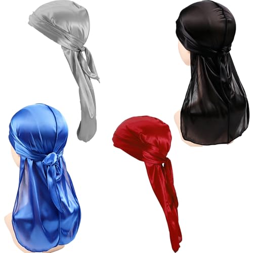 Image of Durag and Head Scarf for Man, 4-Piece Hip-Hop Style Headwear Set for Men and Women, Suitable for Wave Hairstyle Maintenance and Outdoor Activities, Includes Royal Blue, Black, Red and Grey Colors