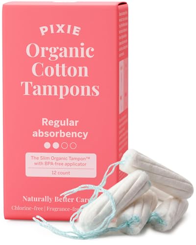 Pixie - Tampones de algodón orgánico, absorción regular, aplicador largo sin BPA, sin perfume, cuidado femenino sin cloro, 12 unidades
