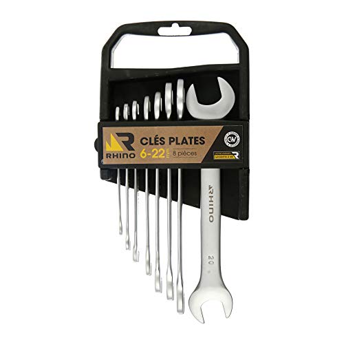 RHINO - Lot de 8 clés à fourches, jeu de 8 clés plates, clés de serrage - Diamètre 6 à 22 mm - Fabriqué en Acier (Chrome Vanadium) - Haute qualité - Garantie à vie