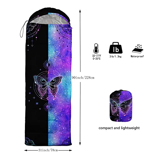 Saco de dormir para niños y niñas, Butterfly2 negro azul, ligero, cálido y portátil, impermeable y resistente al frío para camping y senderismo miniatura 3