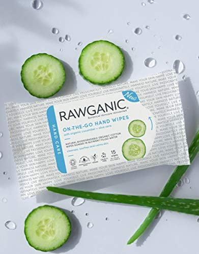 RAWGANIC On-the-Go Hand Wipes, Gentle Alcohol-free Fragrance-free Biodegradable Organic Cotton Wipes | with Aloe Vera & Cucumber (1 Pack)