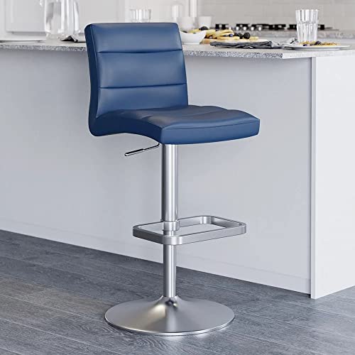 Zuri Furniture Lush Adjustable Height Dark Blue Swivel Armless Bar Stool With Brushed Steel Base #TOP1