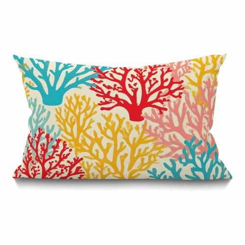 Image of Smooffly Throw Pillow Cover Corals Colorful Artwork Light Blue Orange Red Blue Cotton Linen Throw Lumbar Pillow Case Cushion Cover Home Office Decorative Rectangle 12 X 20 Inches