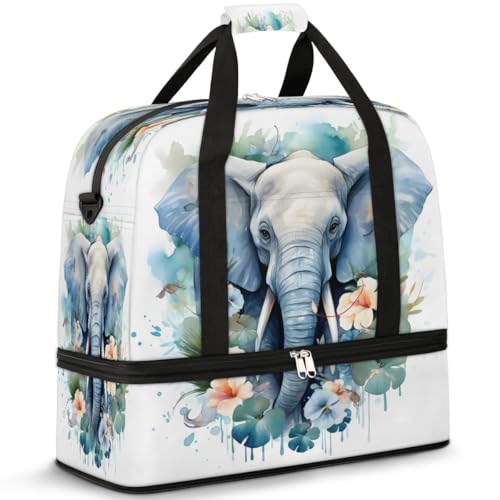 Travel Duffel Bags Watercolor Flower Elephant Foldable Weekender Bags for Women with Shoes Compartment Waterproof & Tear Resistant Carry on Overnight Luggage Duffel Bag Shoulder Sports Tote Bag,A-46