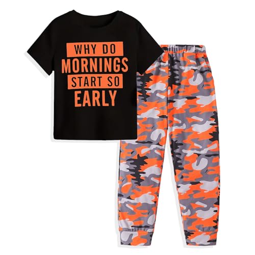 LKALPSQ Boys Outfits Summer/Spring Clothes for Letter-Printed Top and Camouflage Pants Boys Clothes Size 6-12 Years 9-10 Years Orange