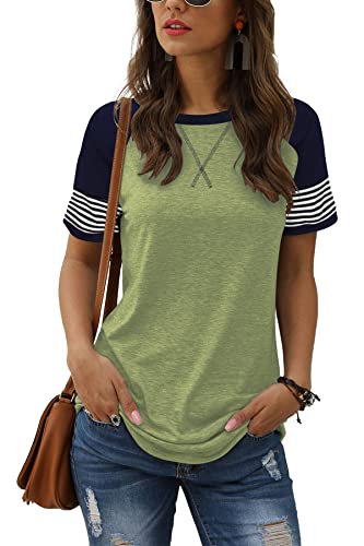 Adibosy Women Summer Casual Shirts: Short Sleeve Striped Tunic Tops - Womens Color Block Tee Tshirt Blouses Olive Green XL