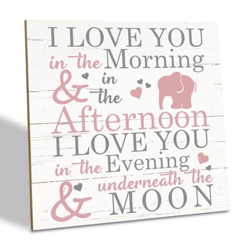 Image of Love Sign, Wood Plaque Table Art Sign 6.2 * 6.2inch, Elephant Wood Sign for Nursery, Decoration for Baby Girls Room, Daughter's Room Decor, I Love You in the Morning Afternoon Evening & Moon D