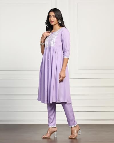 Tadkee Women's Naira Cut Kurta With Pant (Fn-Naira-Cut-Flower-Pair-102-Purple-Xl)