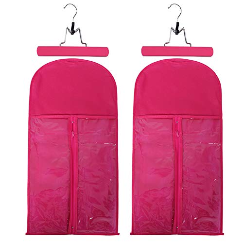 2 Pack Hair Extensions Wigs Storage Bag with Wooden Hanger Dust-proof Protective Wig Storage Holder Portable Suit with Transparent Zip Up Closure (Rose Red)