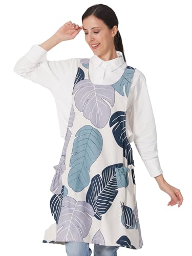 Image of Cozy Adjustable Cross Back Aprons for Women with Pockets Cotton Linen Cooking Kitchen Baking