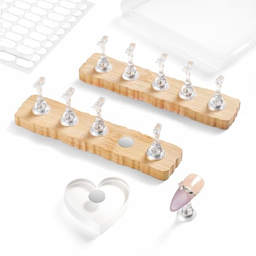 ESUOHYM Nail Stand for Press On Nails Art Display Practice 2 Sets, 1 Heart Shaped Acrylic Magnetic Nail Stands, Fake Nail Holder Tips With 200 PCS Double-Sided Tape, Nail Kit Home DIY Salon Supplies