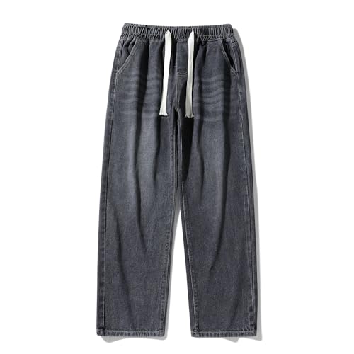Men’s Elastic Waist Loose Fit Denim Pants Casual Solid Jeans Trouser