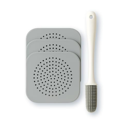 3 Pcs Silicone Sink Strainer & Drain Cover – Suction Sink & Bath Drain Covers with Cleaning Brush – Anti-Clog Hair Catcher, Food Catcher Plug Hole Strainer for Bathroom & Kitchen