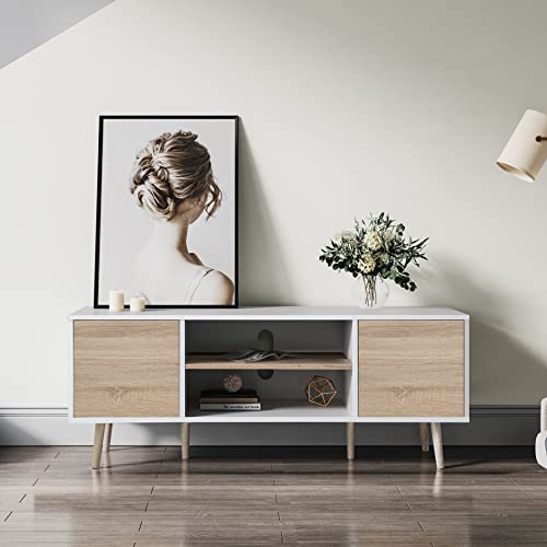Wampat Mid Century Modern Tv Stand For Tvs Up To 60 Inches, Wood Tv Console Media Cabinet With Storage, Entertainment Center For Living Room Bedroom, White And Oak, 53 Inch #TOP2