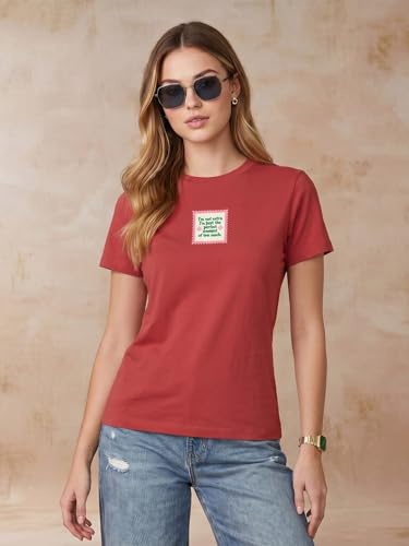 Image of JUNEBERRY Women's Regular Fit Printed Tee - 100% Pure Cotton, Round Neck, Half Sleeve Graphic T-Shirt for Daily Use (Colors: Red, Brown, Green & Future Dusk)