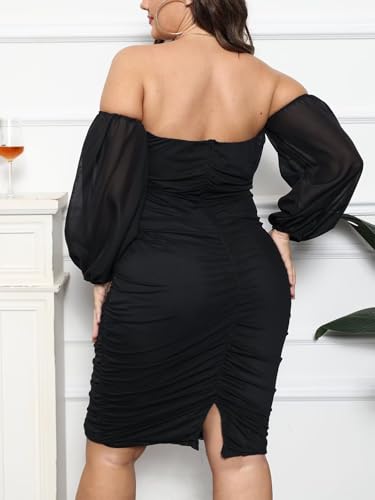 Image of EDITCOZY Women Plus Size Dresses Curvy Off Shoulder Long Sleeve Cocktail Wedding Guest Bodycon Club Midi Dress