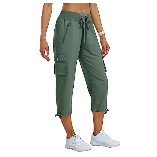 MoFiz Pantalon Cargo de Randonnée Femme Pantacourt d'été 3/4 Long Léger Capri Pantalon d'extérieur Respirant avec Poche Zippée Vert Militaire XL
