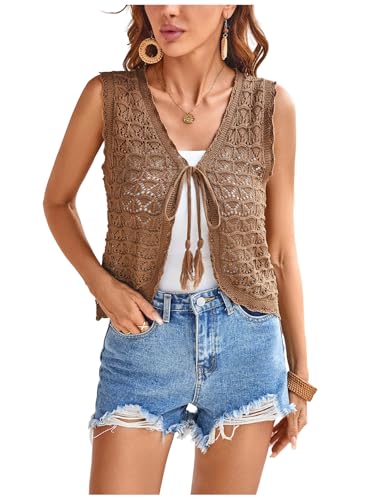 Image of SHENHE Women's Tie Front Sleeveless Sheer Knit Cardigan V Neck Crochet Sweater Vest Top