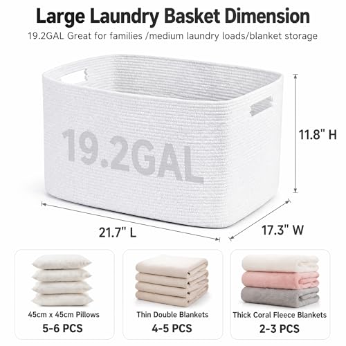 Image of Cotton Rope Laundry Basket Large, 19.2GAL Collapsible Woven Storage Baskets for Living Room Kids Toys Stuffed Animal,Boho Rectangular Decorative Short Hamper for Dirty Clothes, Blankets Pure White
