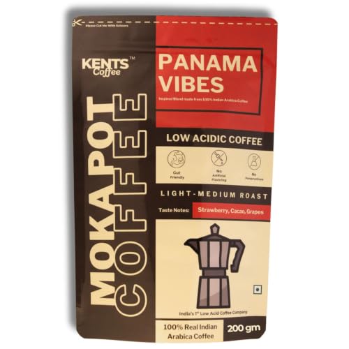 Image of Kents Coffee Panama Vibes - Light Medium Roast | LOW ACIDITY COFFEE | Moka Pot , Drip machine, V60, Aeropress, South Indian Filter | Chikmagalur Single Estate Arabica Coffee | Cacao & Strawberry Notes | Freshly Roasted Beans | Medium Fine Grind | Honey SunDried + Washed Arabica (200g)