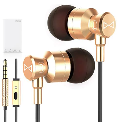 Marsno M1 Wired Metal in Ear Headphones, Noise Isolating Stereo Bass Earphones with Mic，Dynamic Drivers Provide Stereo & Crystal Clear Sound (Grey) (Gold)