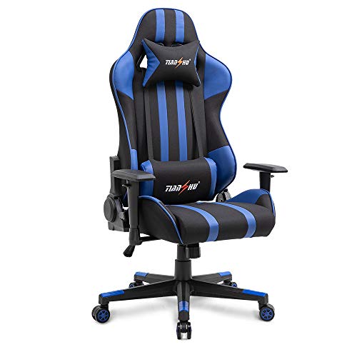 TIANSHU Gaming stoel Hoge rug Computer Game Chair Bureaustoel PP stof en PU lederen racestoel PC Ergonomische stoel met hoofdsteun en lendenkussen Verstelbare draaistoel E-Sports Chair, Blauw