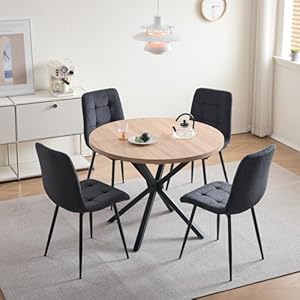 DEYARNA HOME Essgruppe 5-Teilig, 100cm Runder Esstisch und 4 Esszimmerstühle (Cord), Tisch und 4 Stühle für Küche, Wohnzimmer, Balkon, Restaurant, Büro (Helle Holzfarbe+Schwarz (Cord))