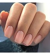 YOSOMK Natural Nude Press on Nails Short Square Fake Nails Translucent Glossy Stick on Nails Acry...