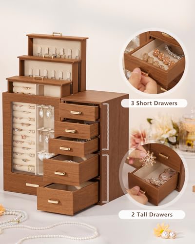 Homde Jewelry Organizer large for Dresser: Big Jewelry Box for Women - Holder with Drawers - Elegent Necklace Earring Ring Display Modern Gift (Brown) - Thumbnail 4
