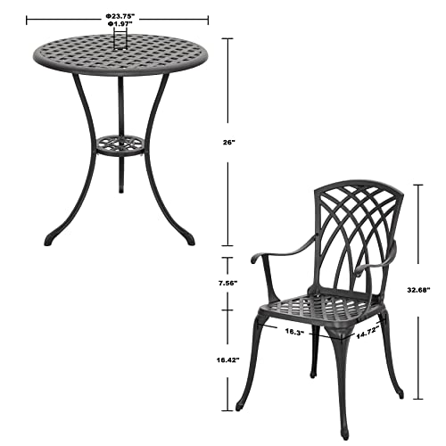 Image of NUU GARDEN Patio Bistro Sets 3 Piece Cast Aluminum Bistro Table and Chairs Set with Umbrella Hole Bistro Set of 2 for Patio Backyard, Black