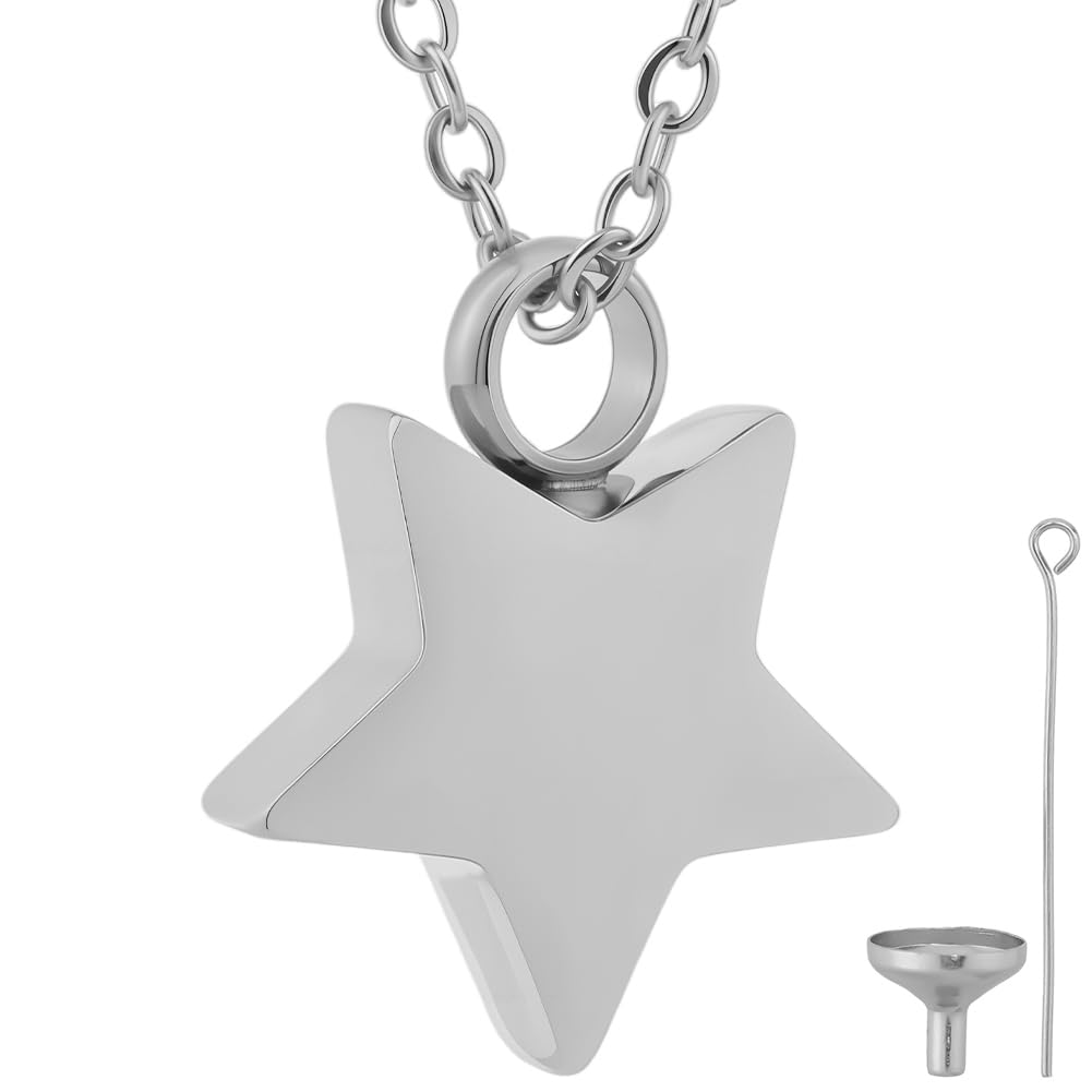 CREATCABIN Collana Urna A Forma Stella per Ceneri Ricordo Gioielli per Cremazione Urne Acciaio Inossidabile Ciondolo Mini Urna Collana Stella Argentata Medaglioni Portacenere Spilla A Imbuto 45.7cm