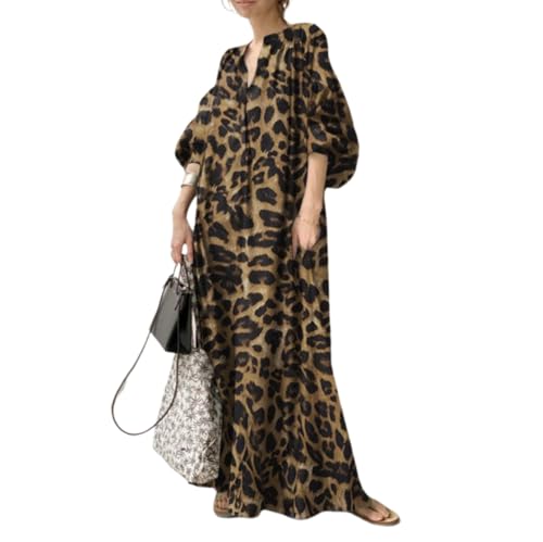 chouyatou Women Summer Casual Lantern Sleeve Floral Shift Dress Leopard Print Loose Maxi Long Shirt Dress