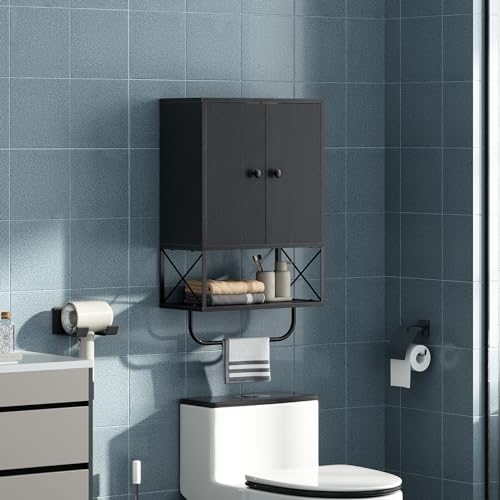 Bathroom Wall Cabinet with 2 Door and Adjustable Shelf, Farmhouse Medicine Cabinet with Towel Rack, 3-Tier Wall Mounted Storage Cabinet Over The Toilet for Bathroom Laundry Room, Black