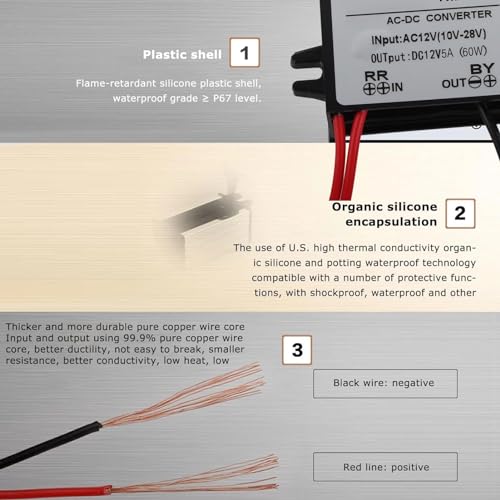 Step Down Converter Power Converter Waterproof Step Down Volt Converter AC 10-28V to DC 12V Buck Converter AC-DC Step Down Power Module(5A)3