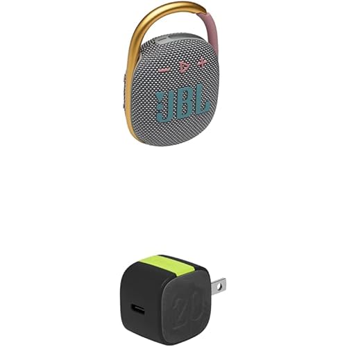 JBL Clip 4 - Portable Mini Bluetooth Speaker (Grey) and InfinityLab InstantCharger 20W 1 USB Compact USB-C PD Charger (Black)