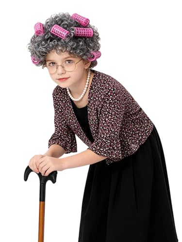 Cosplay pour filles style grand-mère avec perruque et cardigan pour fêtes