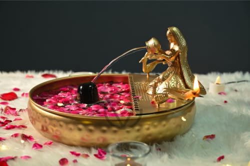 Image of Gold Lady Fountain Urli with Lotus Diyas, Traditional Decorative Bowl Set for Home, Festival, Wedding Decor, Diwali Decoration, Ganesh Chathurthi and Gifting | 33 cm