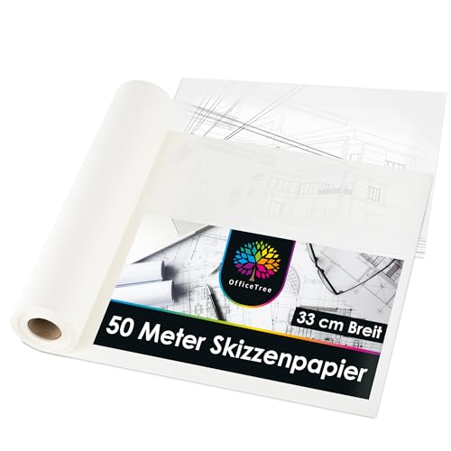 OfficeTree 50m Transparentpapier Rolle Weiß - Skizzenrolle 33cm breit 40g - Schnittmusterpapier Rolle - Pergamentpapier Rolle - Pauspapier für Schnittmuster - Architektenpapier Rolle - Pattern Paper