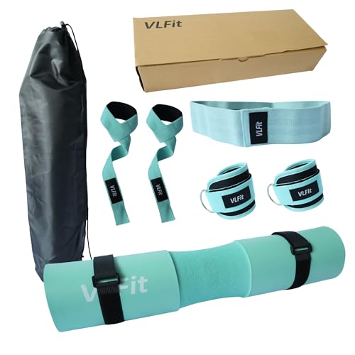 VLFit Langhantelpolster Set,Kniebeugen Bankdrücken, inklusive dick gepolstertem Hüft-Thrusts-Pad mit Tragetasche, Gewichthebergurten, Hüftwiderstandsband und 2 Knöchelriemen für Kabelzugmaschinen