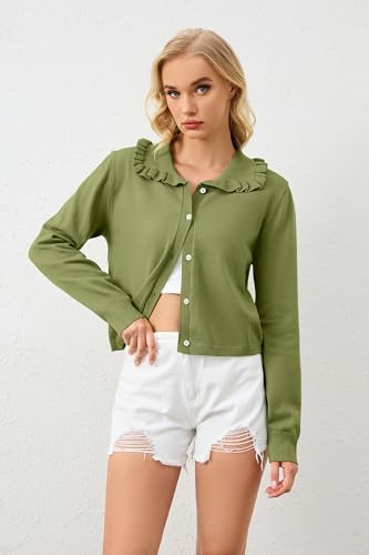 Image of Women Ruffle Collar Button Down Cropped Cardigan Long Sleeve Open Front Knit Sweaters Peplum Sweater Crop Jacket Tops