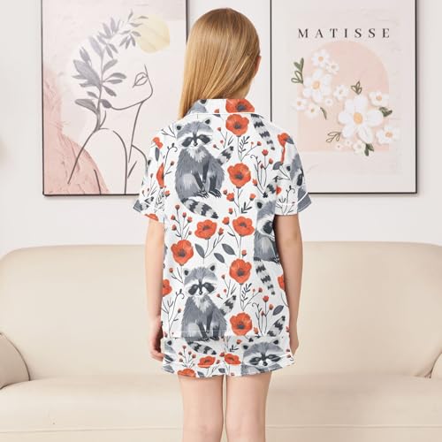 ALAZA Raccoon Blossom Floral White Satin Pajamas Set Short Sleeve Button Down Sleepwear Summer Pjs 2 Piece4