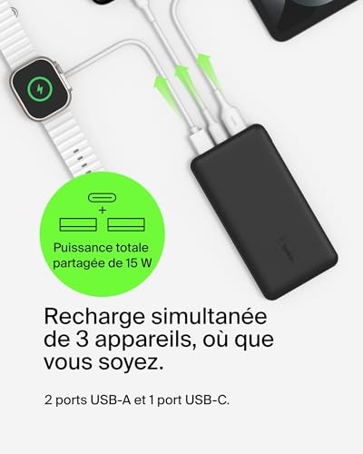 Belkin Batterie externe USB-C 20000mAh (power bank puissance de 20K, entrée et sortie USB-C, 2 ports USB-A, câble USB-C vers USB-A fourni, pour iPhone, Galaxy, Pixel, iPad, AirPods, etc.) - Noir