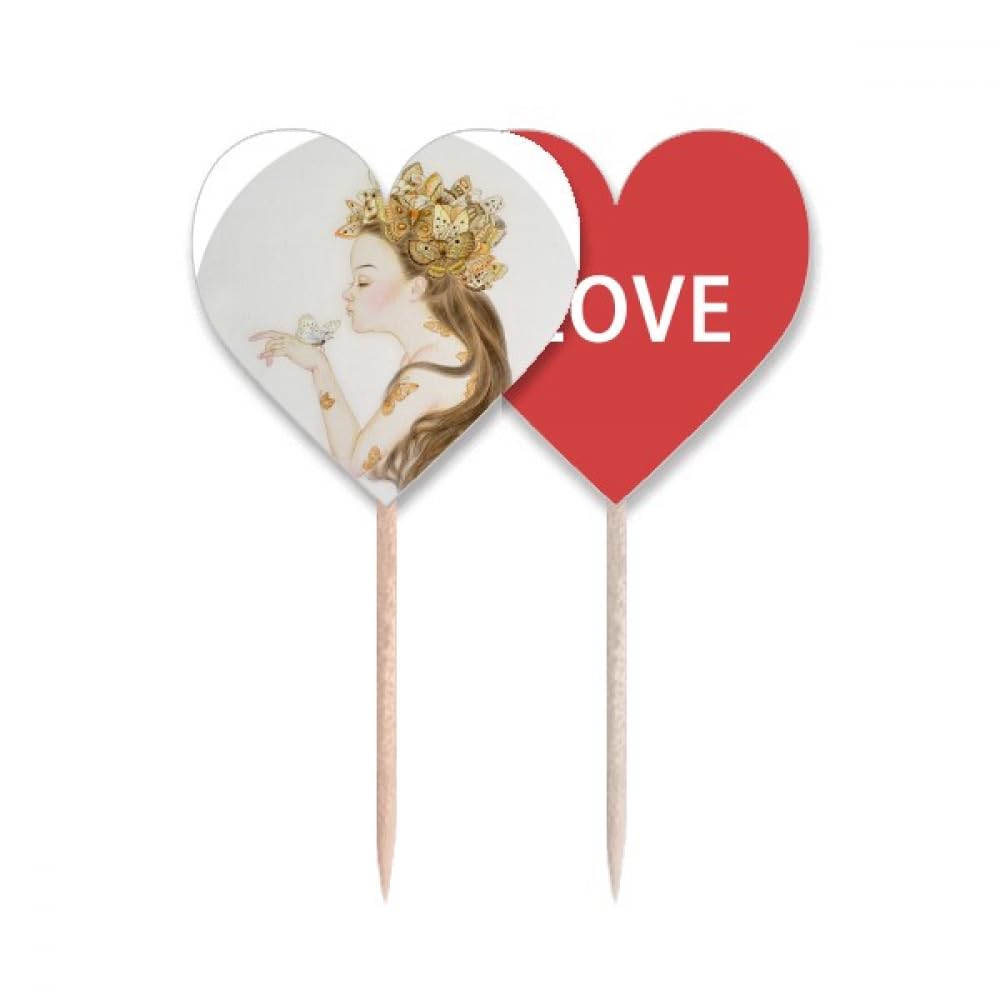 Cure-dents en forme de drapeau Love Heart en bois naturel avec fanion en papier imprimé