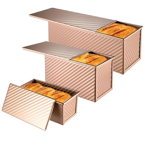 3 Pcs Pullman Loaf Pan with Lid, 2.2lb/1lb/0.5lb Dough Capacity,