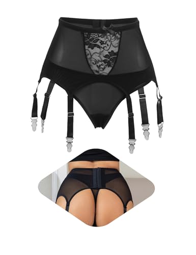 ohmydear Plus Size Lace Suspenders Belt for Stockings High Waisted Garter Belt with 6 Wide Elastic Black Suspender Stretchy Mesh Sexy Lingerie Set for Women UK 14