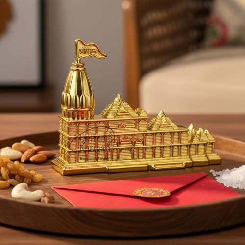 Image of Ram Mandir Ayodhya Replica Showpiece | Golden Finish Temple Decor | Puja Room & Home Mandir | Gift Item | 10 x 1.5 x 7 cm