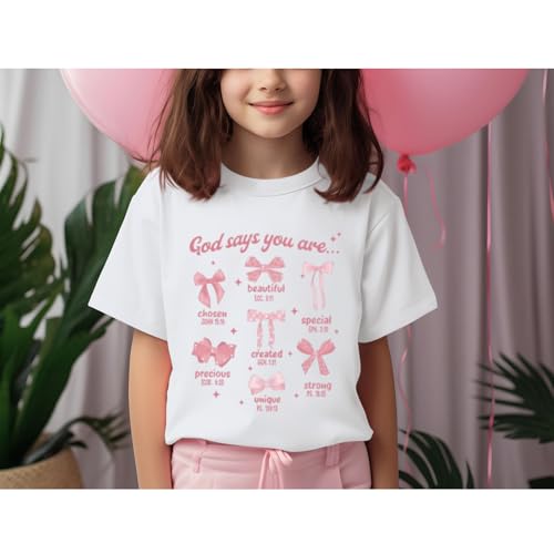 KEEVICI Cute Girls Bow God Shirt Christian Graphic Tees Jesus Shirts for Kids Bible Verse Inspirational Religious T Shirts(White,130) by KEEVICI - Used condition - Image 5