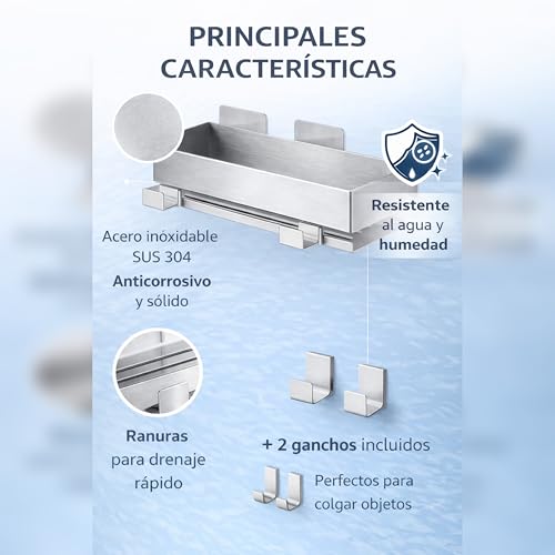 Estantería Baño SIN Tornillos + Dos Ganchos de Alta Resistencia - Organizador Ducha Adhesivo – Estante Pared Ducha SIN Taladro - sin Agujeros – Organizar y Decorar. Acero Inoxidable. Shower Caddy - imagen 7
